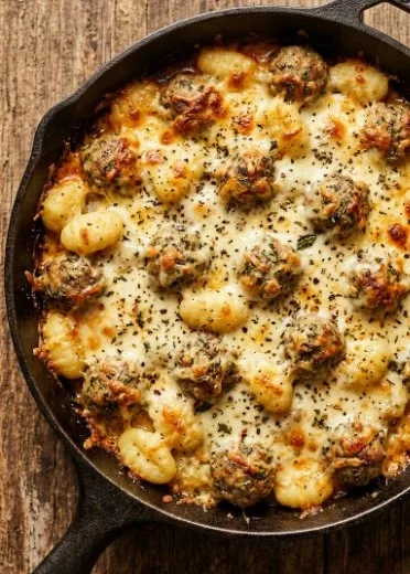Delicious Meatball Gnocchi Bake topped with cheese and fresh herbs