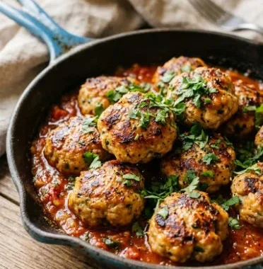 Mediterranean Chicken Meatballs 1 Plate of Mediterranean chicken meatballs garnished with herbs