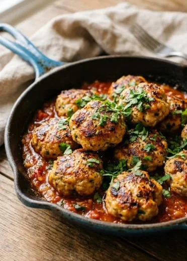 Plate of Mediterranean chicken meatballs garnished with herbs