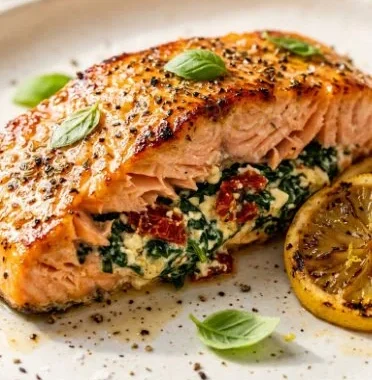 Mediterranean Stuffed Salmon 2 Mediterranean Stuffed Salmon with herbs and vegetables on a plate