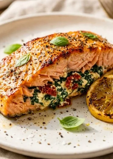 Mediterranean Stuffed Salmon with herbs and vegetables on a plate