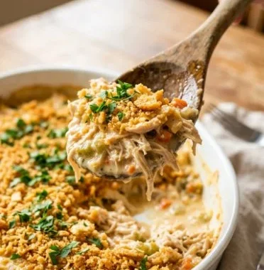 A delicious serving of Million Dollar Chicken Casserole topped with cheese and herbs