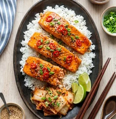 Miso-Maple Salmon 1 Grilled Miso-Maple Salmon fillet garnished with green onions