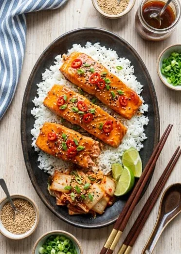 Grilled Miso-Maple Salmon fillet garnished with green onions