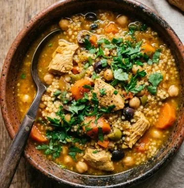 Moroccan-Spiced Chicken Stew 1 Bowl of Moroccan-Spiced Chicken Stew with vegetables and spices