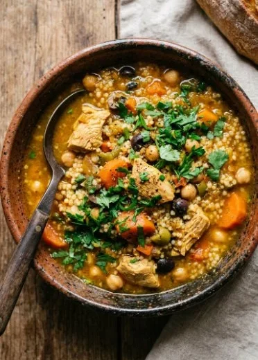 Bowl of Moroccan-Spiced Chicken Stew with vegetables and spices