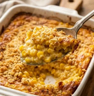 Nantucket corn pudding served in a white dish with fresh herbs on top