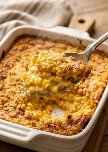 Nantucket corn pudding served in a white dish with fresh herbs on top