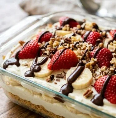 No-Bake Banana Strawberry Cake 1 No-bake banana strawberry cake layered with fresh fruit and creamy filling