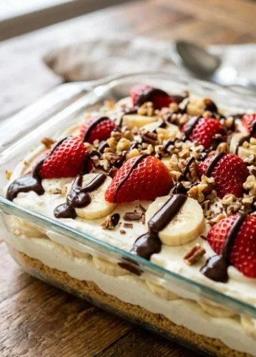 No-bake banana strawberry cake layered with fresh fruit and creamy filling