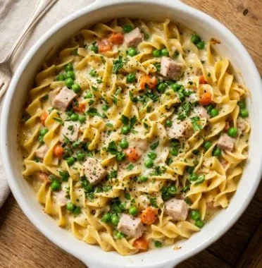 Old Fashioned Turkey Noodle Casserole 1 Old Fashioned Turkey Noodle Casserole topped with breadcrumbs in a baking dish