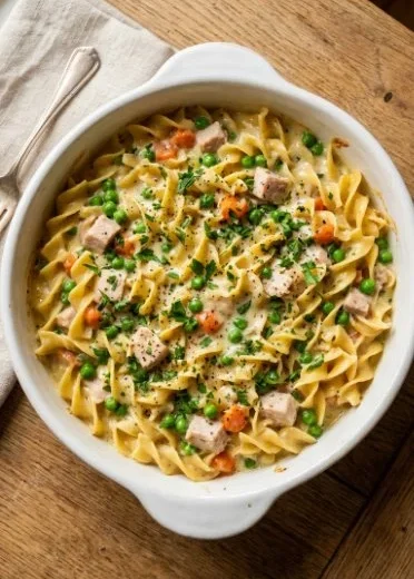 Old Fashioned Turkey Noodle Casserole topped with breadcrumbs in a baking dish
