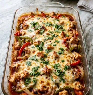 One-Pan Cheesy Fajita Chicken Casserole with colorful peppers and melted cheese