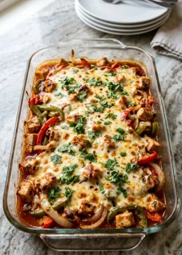 One-Pan Cheesy Fajita Chicken Casserole with colorful peppers and melted cheese