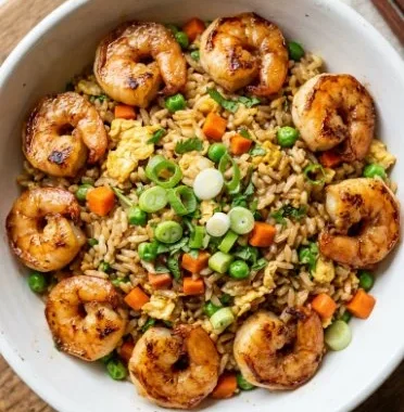One Skillet Better-Than-Takeout Shrimp Fried Rice 1 One skillet shrimp fried rice ready to serve, colorful and flavorful dish.