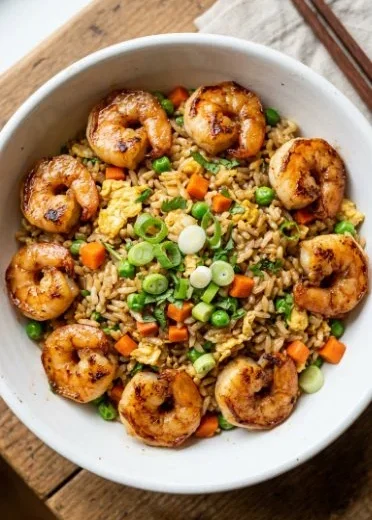 One skillet shrimp fried rice ready to serve, colorful and flavorful dish.