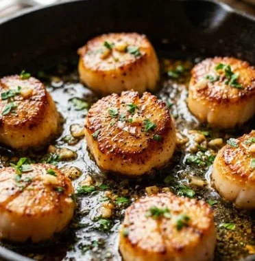 Pan Seared Scallops Recipe 1 Pan seared scallops plated with herbs and lemon, showcasing a gourmet seafood dish.