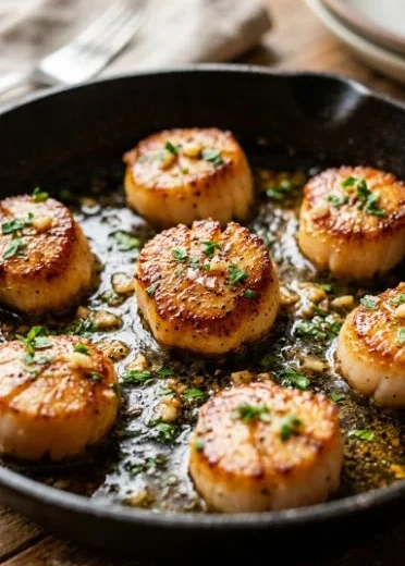 Pan seared scallops plated with herbs and lemon, showcasing a gourmet seafood dish.