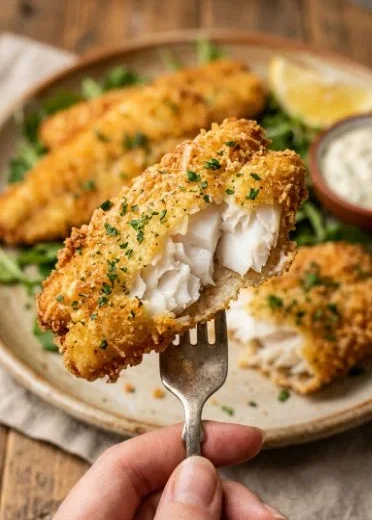 Delicious Parmesan Crusted Tilapia served with lemon and herbs