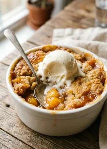 Delicious Peach Dump Cake with juicy peaches and golden cake topping