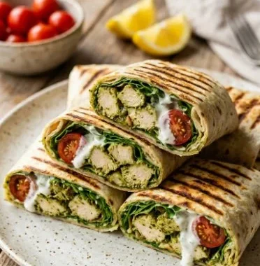 Pesto Chicken Wraps 1 Delicious pesto chicken wraps filled with fresh ingredients and vibrant colors.