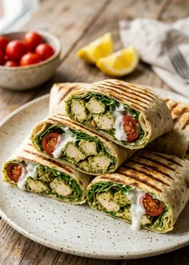Delicious pesto chicken wraps filled with fresh ingredients and vibrant colors.