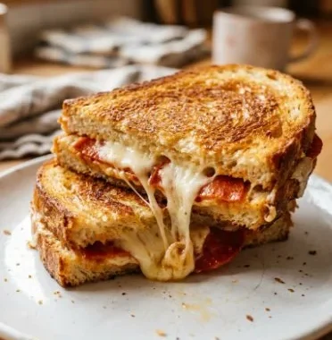 Delicious Pizza Grilled Cheese sandwich with melted cheese and pizza toppings