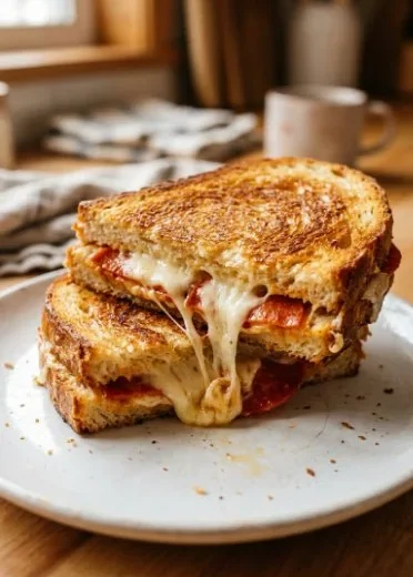 Delicious Pizza Grilled Cheese sandwich with melted cheese and pizza toppings