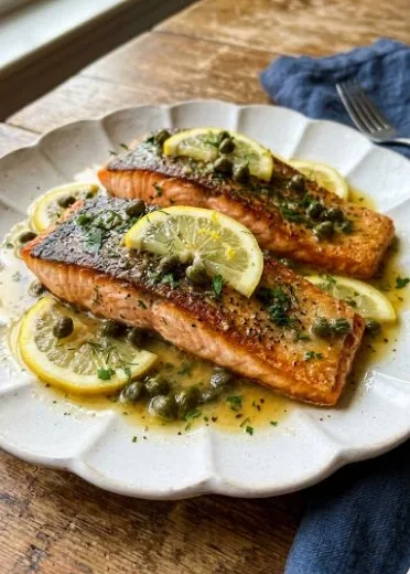 Delicious quick baked salmon topped with lemon caper sauce on a plate