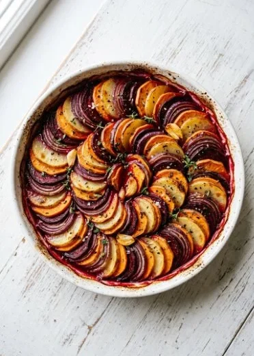 Delicious Rustic Barefoot Contessa Vegetable Tian served beautifully.