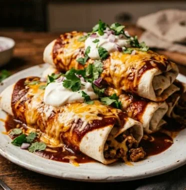 Savory Smothered Ground Beef Burritos with Creamy Chipotle Delight 1 Smothered ground beef burritos topped with creamy chipotle sauce on a plate.