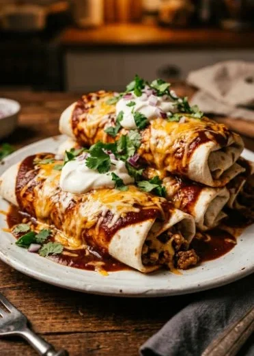 Smothered ground beef burritos topped with creamy chipotle sauce on a plate.