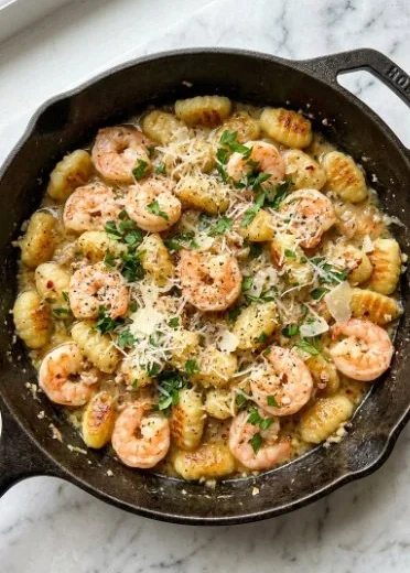 Shrimp and Gnocchi with Garlic Parmesan served in a creamy sauce