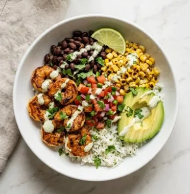Shrimp Taco Bowls 1 Colorful shrimp taco bowls with fresh toppings, a healthy meal option