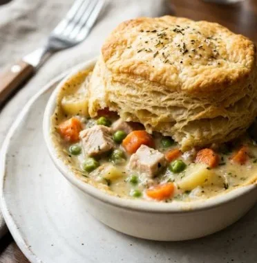 Skillet Turkey Pot Pie with Biscuit Topping 2 Skillet Turkey Pot Pie topped with delicious biscuits in a cast-iron skillet
