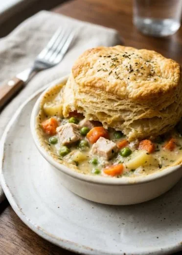 Skillet Turkey Pot Pie topped with delicious biscuits in a cast-iron skillet