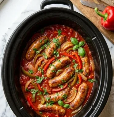 Slow cooker dish featuring colorful peppers and sausage on a plate