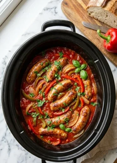 Slow cooker dish featuring colorful peppers and sausage on a plate