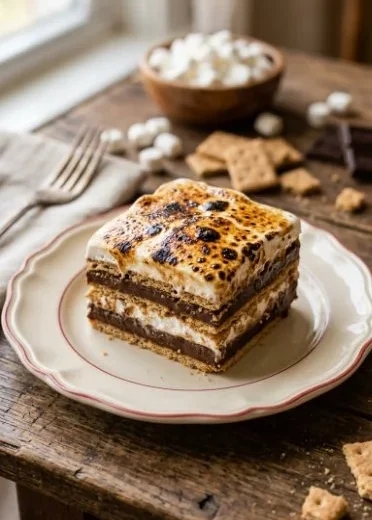 Delicious S'mores Icebox Cake with layers of chocolate and marshmallows