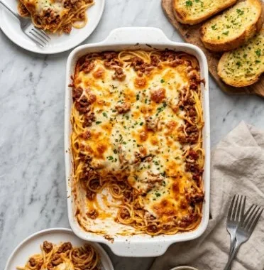 Spaghetti Alfredo Casserole 2 Creamy Spaghetti Alfredo Casserole topped with cheese and herbs