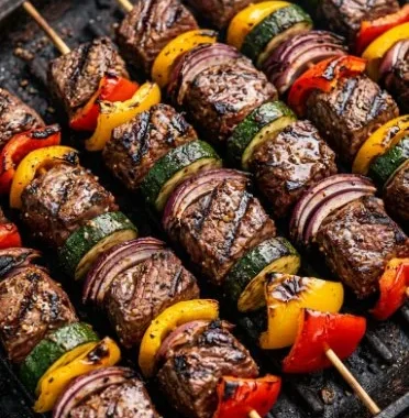 Steak Kabobs 1 Grilled steak kabobs with colorful vegetables on skewers