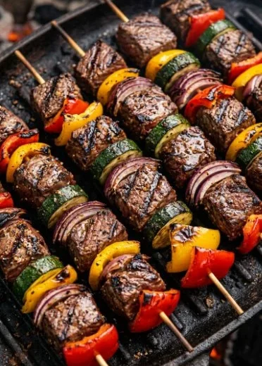 Grilled steak kabobs with colorful vegetables on skewers