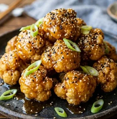 Delicious sticky sesame cauliflower dish on a plate with sesame seeds and garnish
