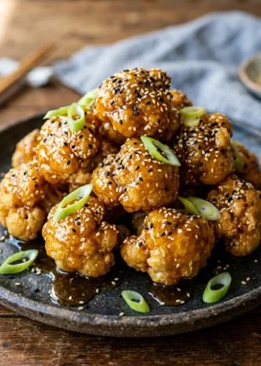 Delicious sticky sesame cauliflower dish on a plate with sesame seeds and garnish