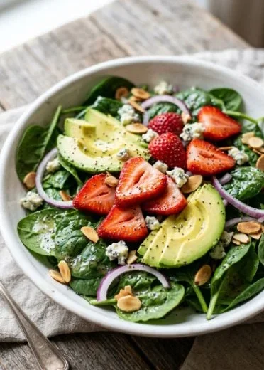 Colorful strawberry avocado spinach salad topped with nuts and dressing