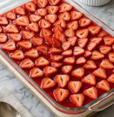 Delicious Strawberry Pretzel Salad with fresh strawberries and pretzel crust