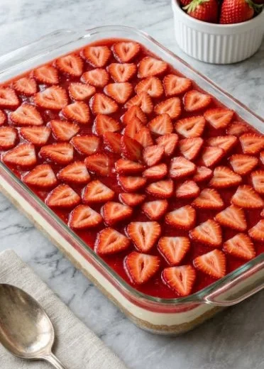 Delicious Strawberry Pretzel Salad with fresh strawberries and pretzel crust