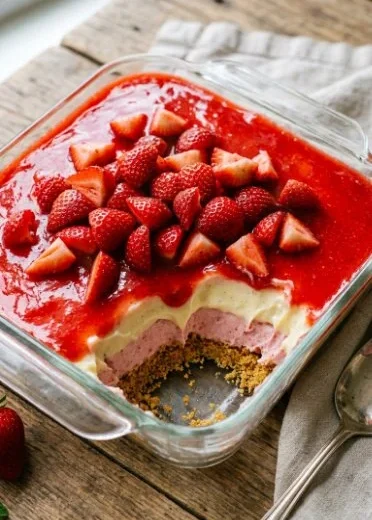 Delicious strawberry pudding delight served in a bowl with fresh strawberries on top