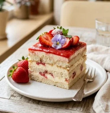 Strawberry Tiramisu No Bake 1 Delicious no-bake strawberry tiramisu dessert served in a glass dish.