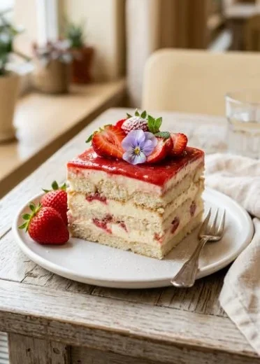 Delicious no-bake strawberry tiramisu dessert served in a glass dish.